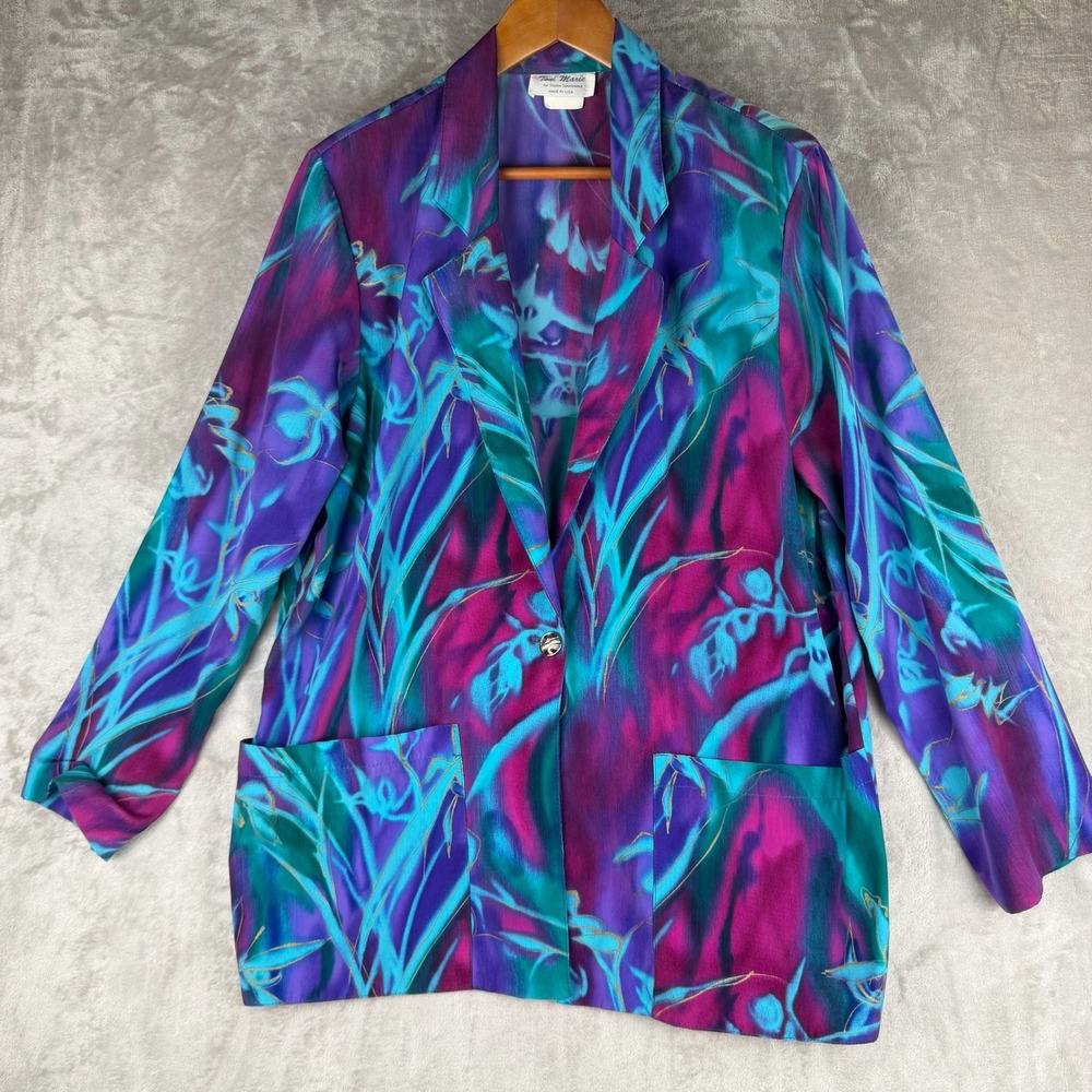 80's Vintage Abstract Floral Blazer Purple Teal Gold Metallic Made in USA